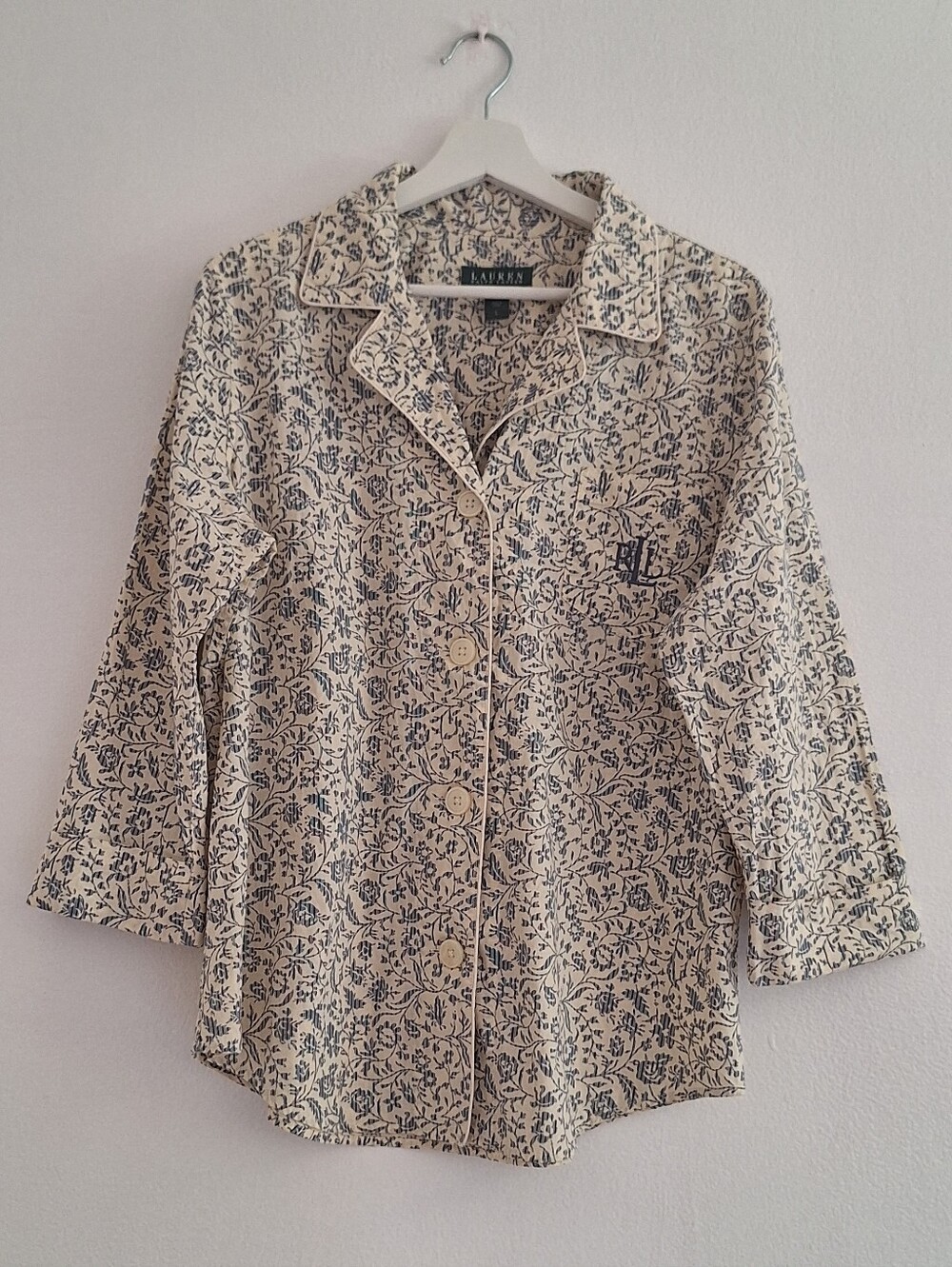 NWOT Ralph Lauren Printed Pajama-Style Button Front Top in Cream & Navy